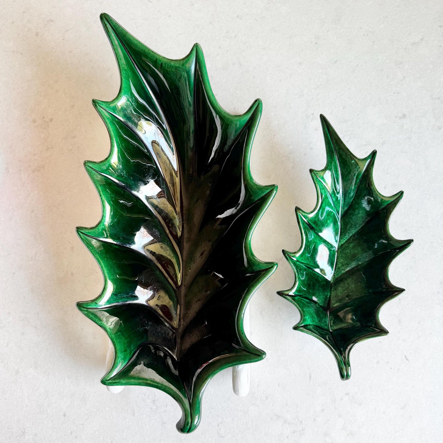Vintage Atlantic Mold Hand Painted Holly Leaf Dishes (circa 1981) - Set of 2