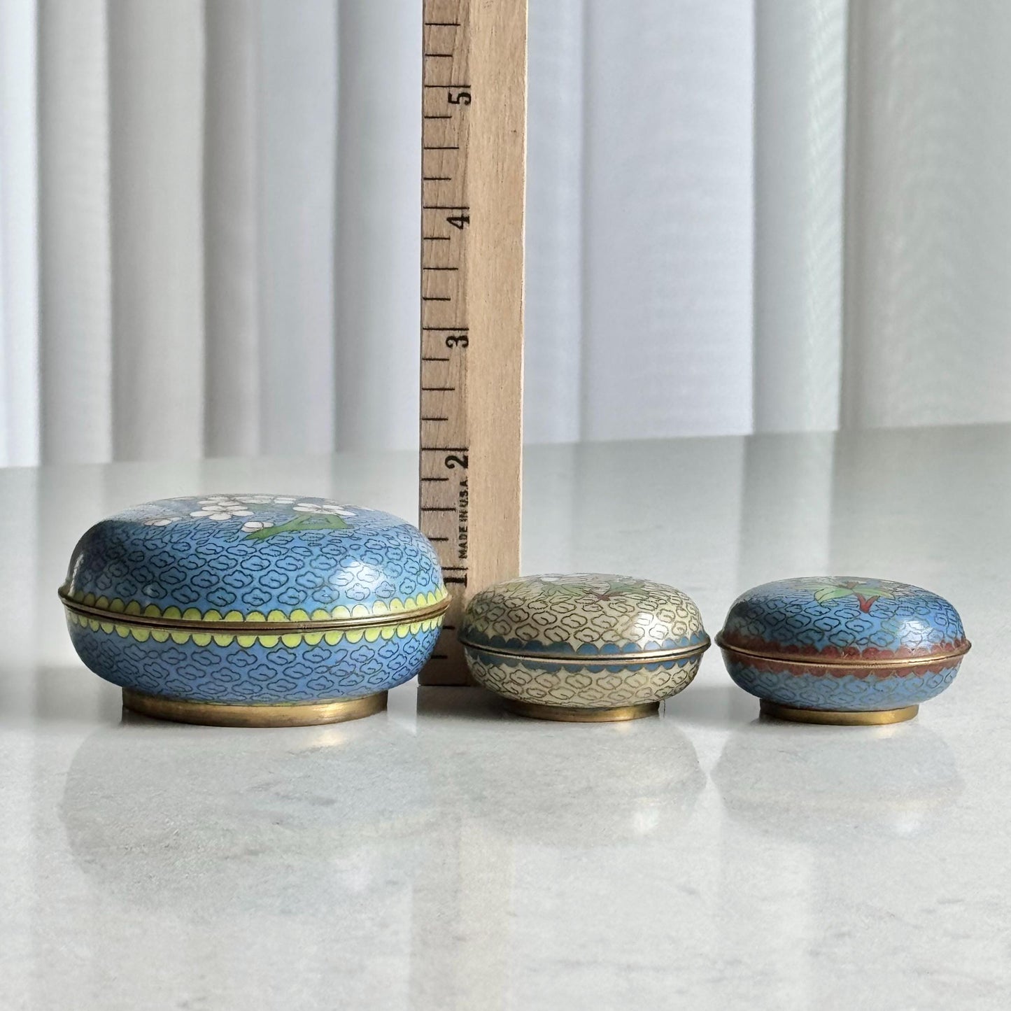 Vintage Chinese Cloisonne Round Trinket Boxes - Set of 3