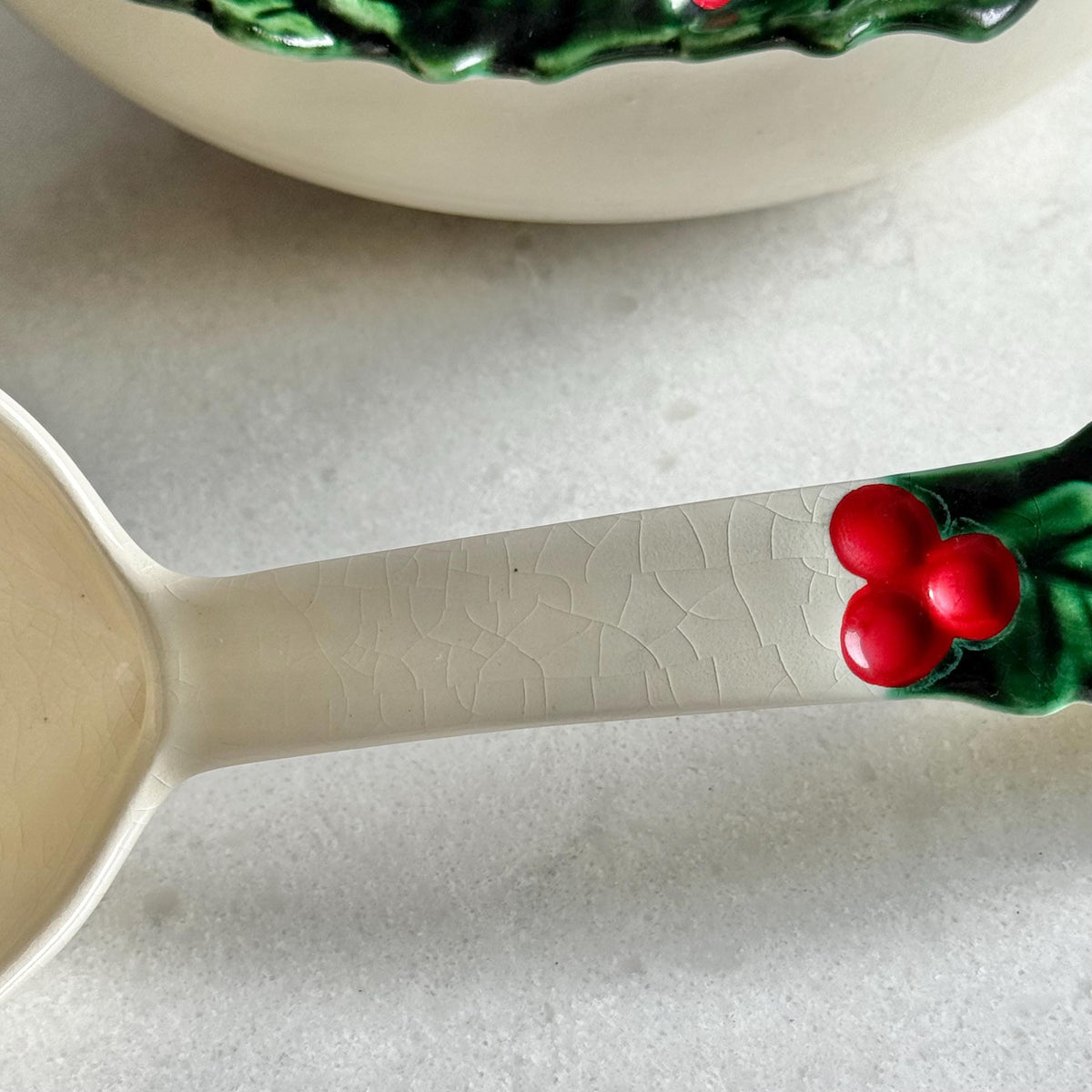 Vintage Atlantic Mold Hand Painted Holly Berry Rimmed Bowl and Ladle