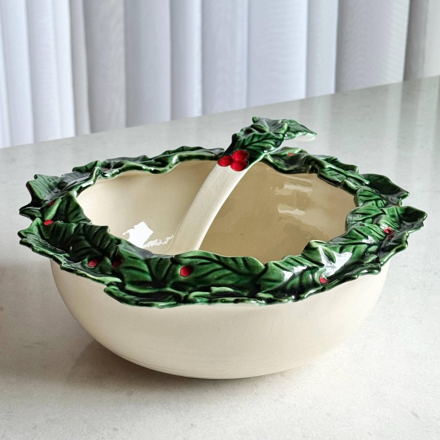 Vintage Atlantic Mold Hand Painted Holly Berry Rimmed Bowl and Ladle