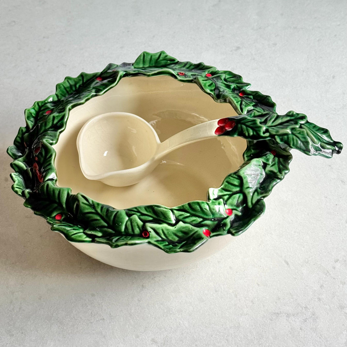 Vintage Atlantic Mold Hand Painted Holly Berry Rimmed Bowl and Ladle