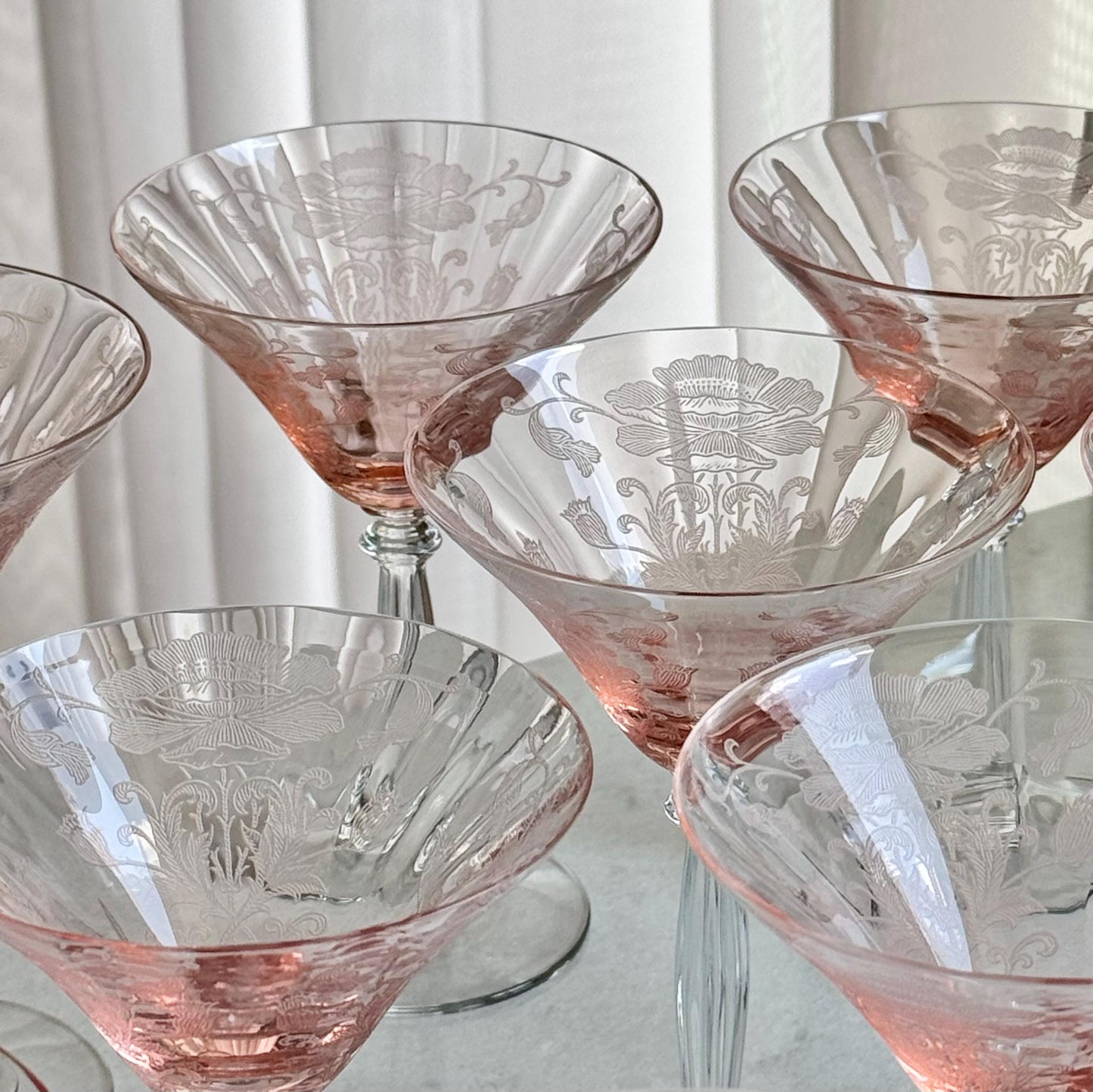 Tiffin-Franciscan Flanders Pink Champagne Coupes / Tall Sherbets (circa 1927 - 1935) - Set of 12