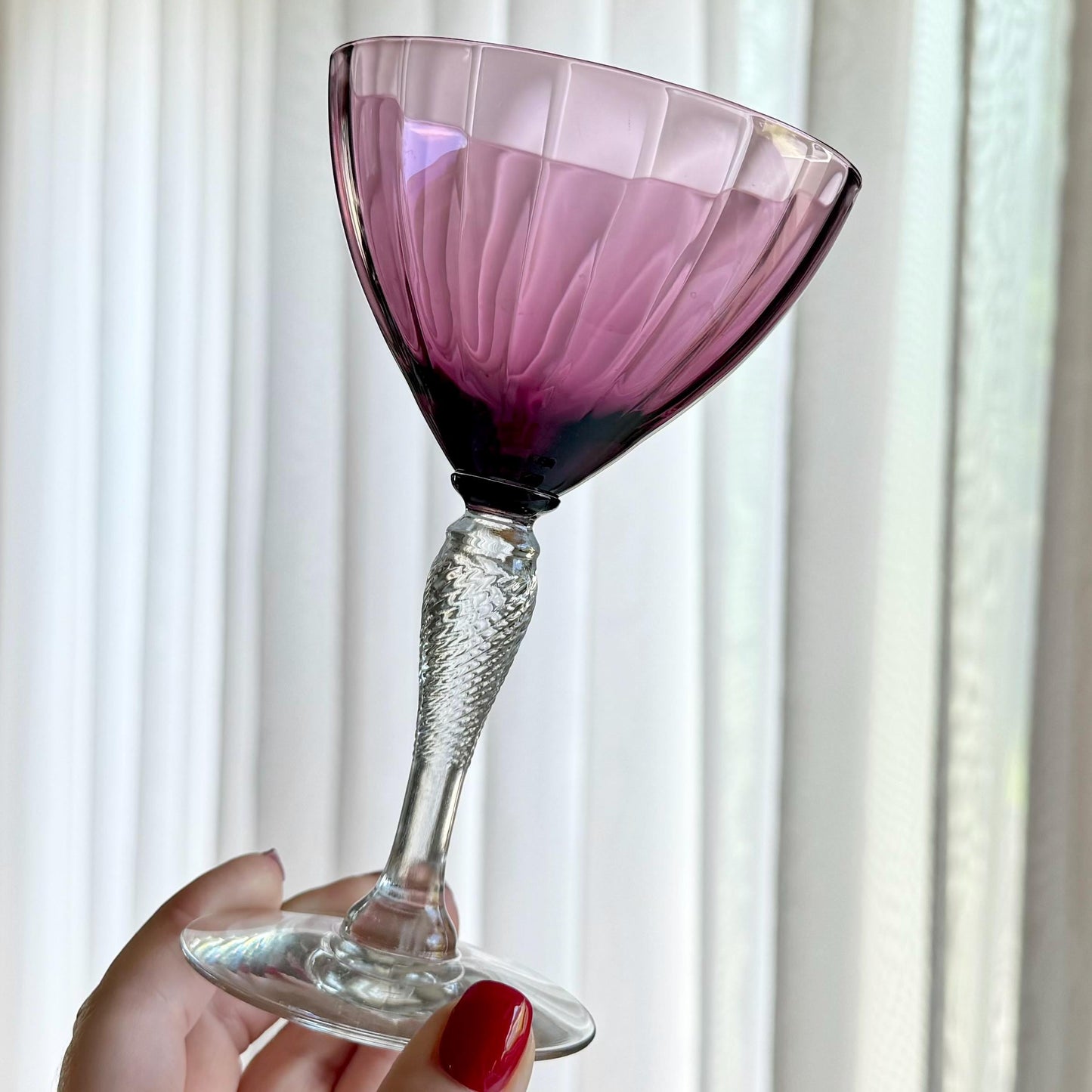 Vintage Fry Glass Amethyst Purple Optic Ribbed Twisted Stem Glasses (circa 1901 - 1933) - Set of 2