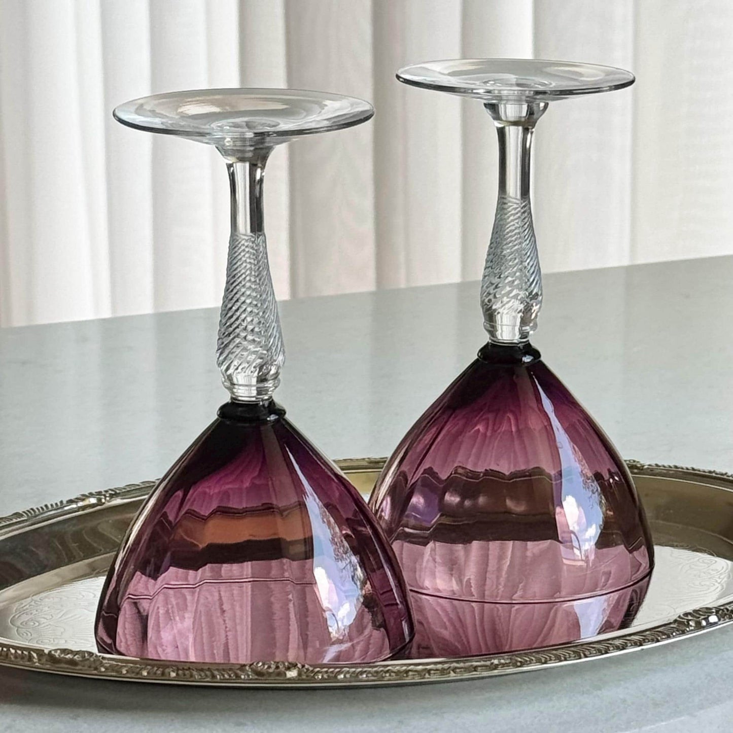 Vintage Fry Glass Amethyst Purple Optic Ribbed Twisted Stem Glasses (circa 1901 - 1933) - Set of 2