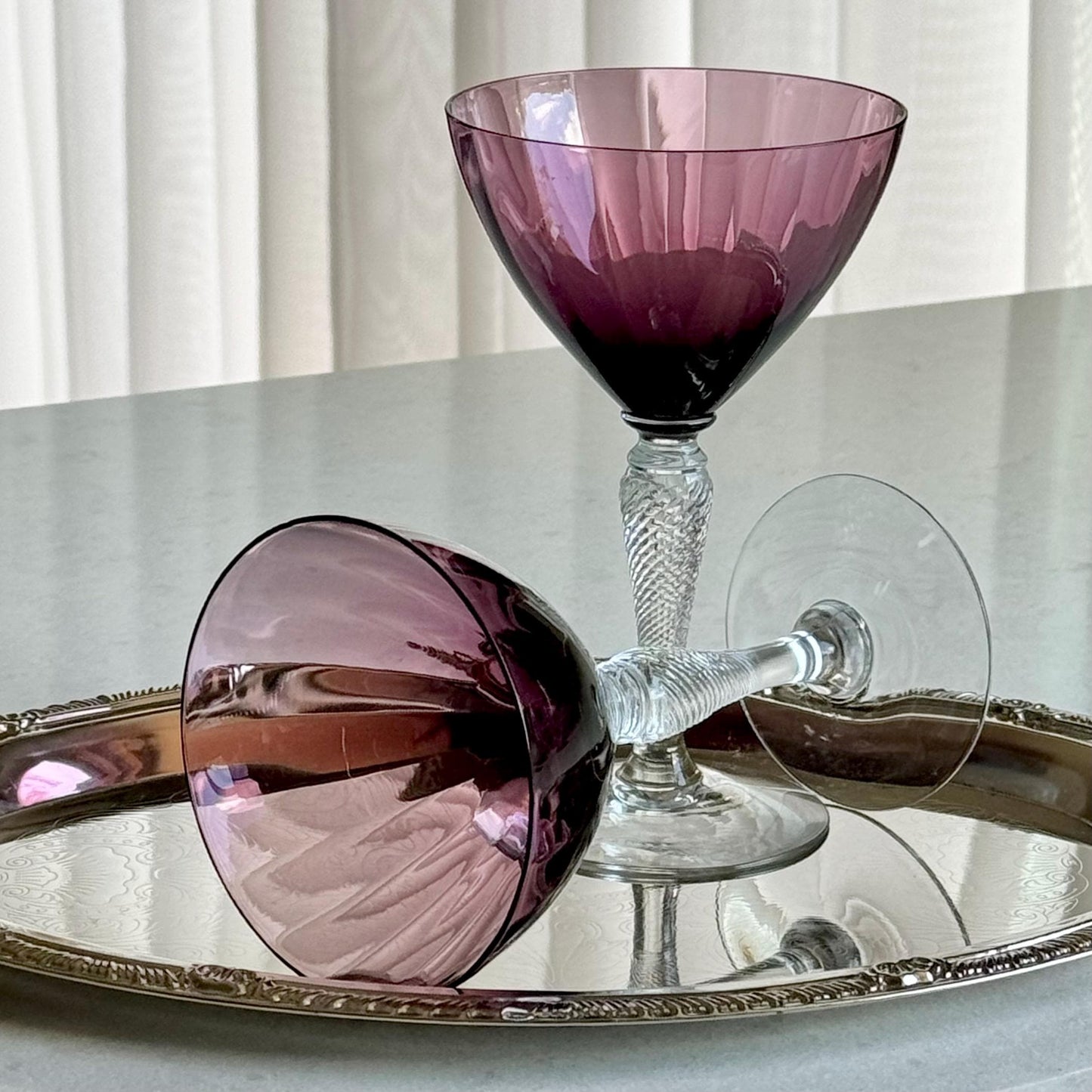 Vintage Fry Glass Amethyst Purple Optic Ribbed Twisted Stem Glasses (circa 1901 - 1933) - Set of 2