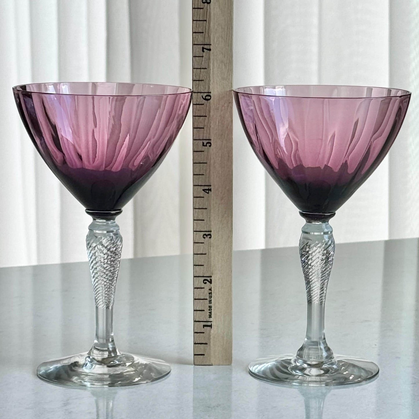 Vintage Fry Glass Amethyst Purple Optic Ribbed Twisted Stem Glasses (circa 1901 - 1933) - Set of 2