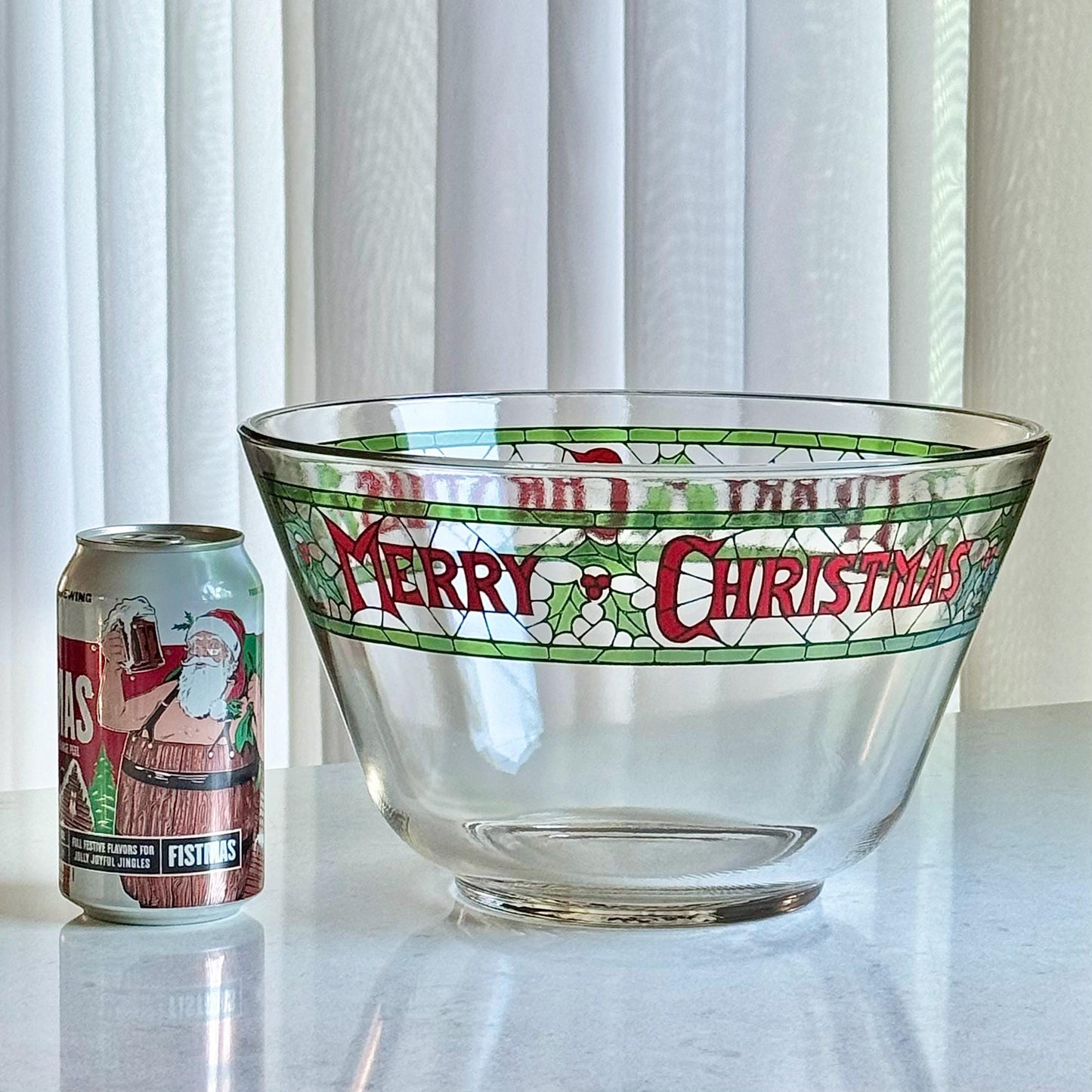 Vintage Cera Glass Merry Christmas Punch Bowl and 8 Glasses - 9 Pieces Total