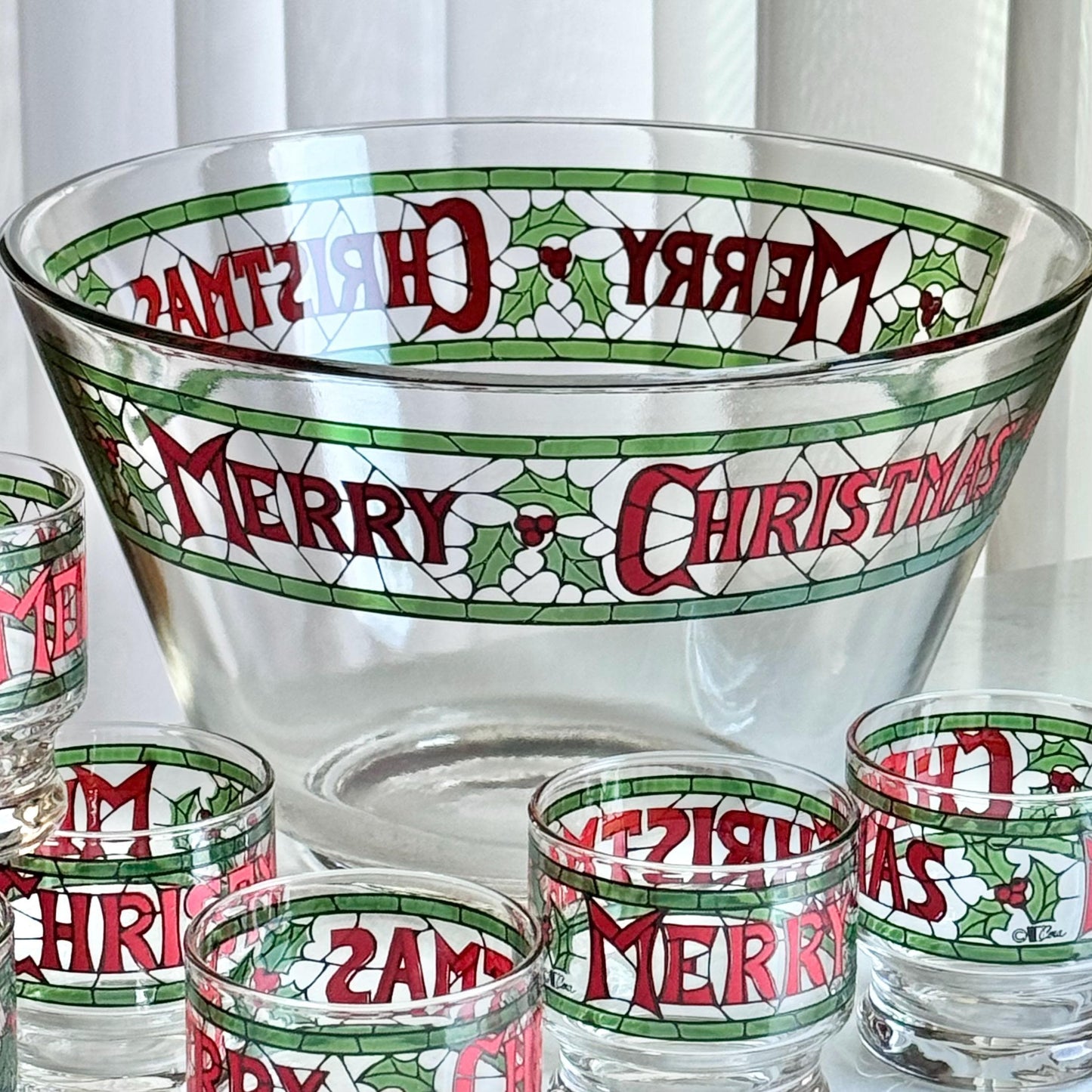 Vintage Cera Glass Merry Christmas Punch Bowl and 8 Glasses - 9 Pieces Total