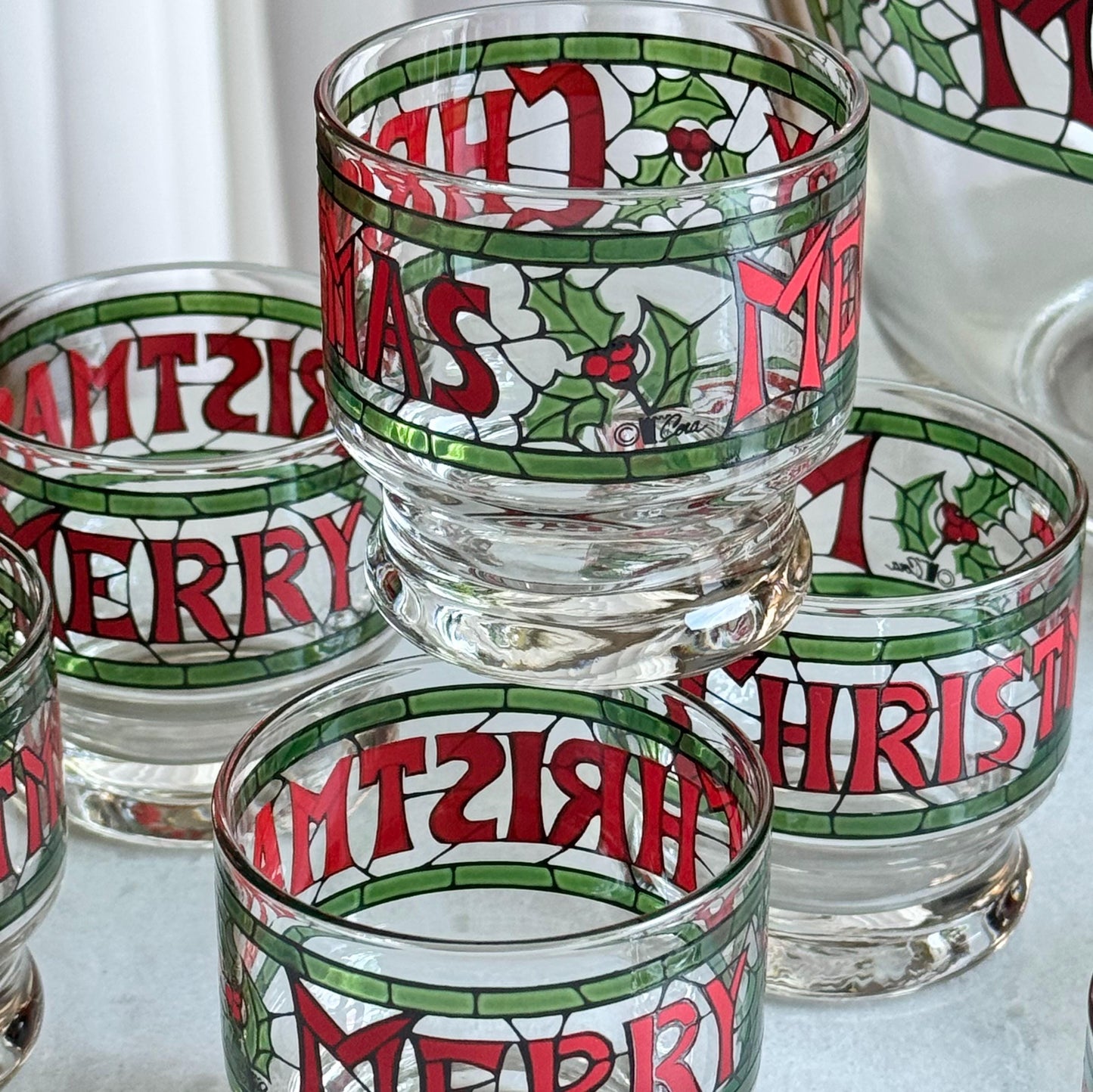 Vintage Cera Glass Merry Christmas Punch Bowl and 8 Glasses - 9 Pieces Total