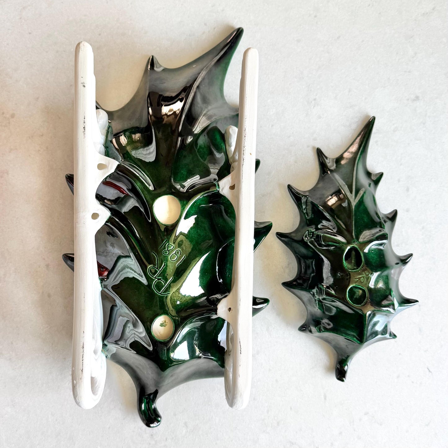 Vintage Atlantic Mold Hand Painted Holly Leaf Dishes (circa 1981) - Set of 2