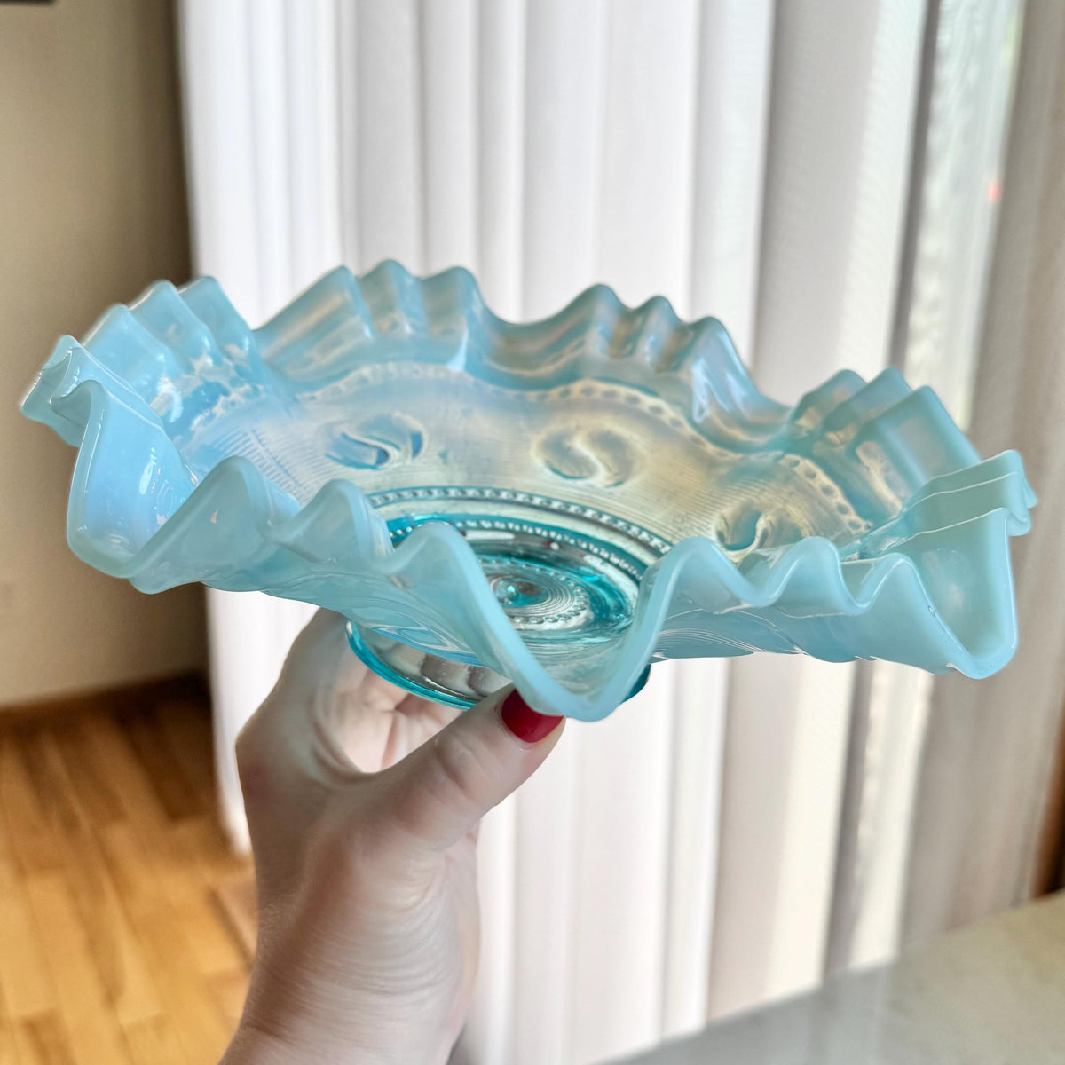 Antique Jefferson Glass Astro Blue Opalescent Ruffled Bowl (circa 1904 - 1906)