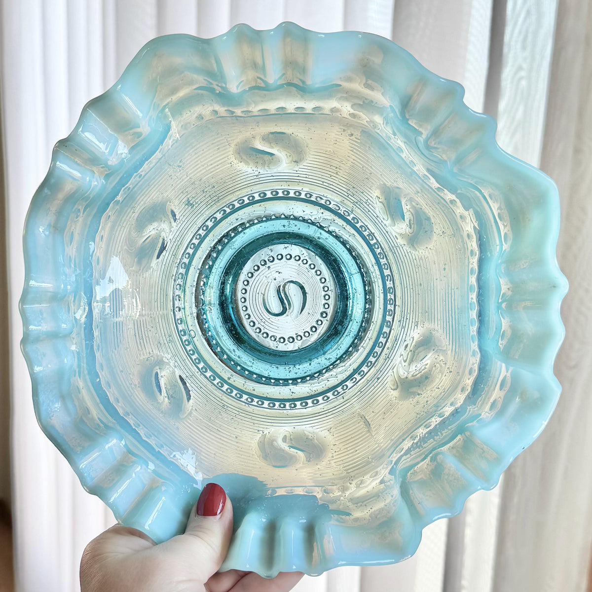 Antique Jefferson Glass Astro Blue Opalescent Ruffled Bowl (circa 1904 - 1906)