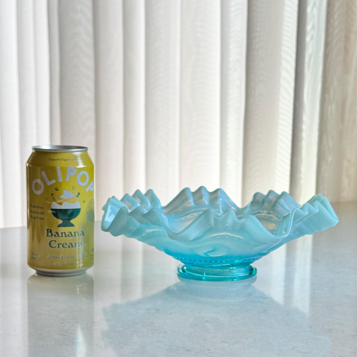 Antique Jefferson Glass Astro Blue Opalescent Ruffled Bowl (circa 1904 - 1906)