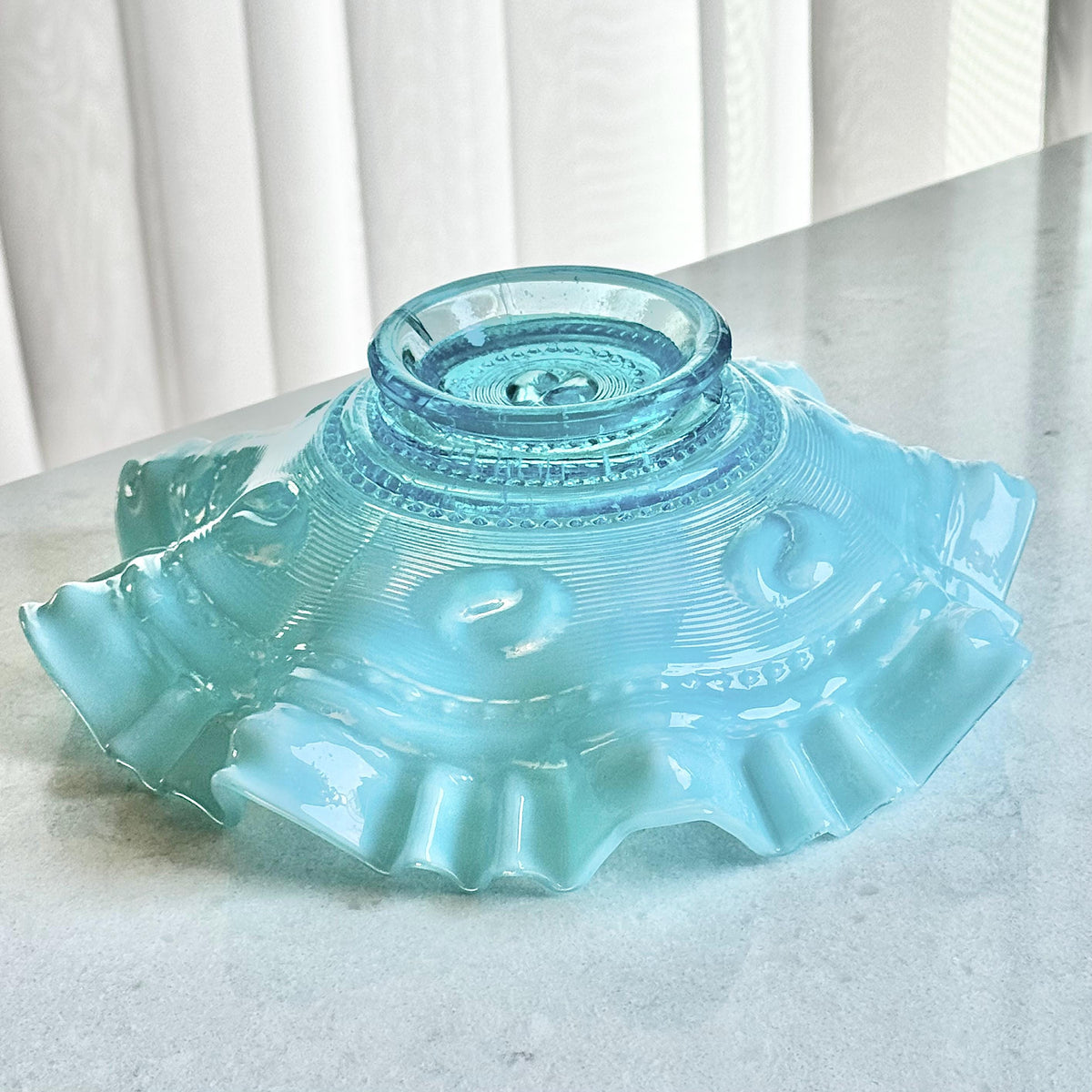 Antique Jefferson Glass Astro Blue Opalescent Ruffled Bowl (circa 1904 - 1906)