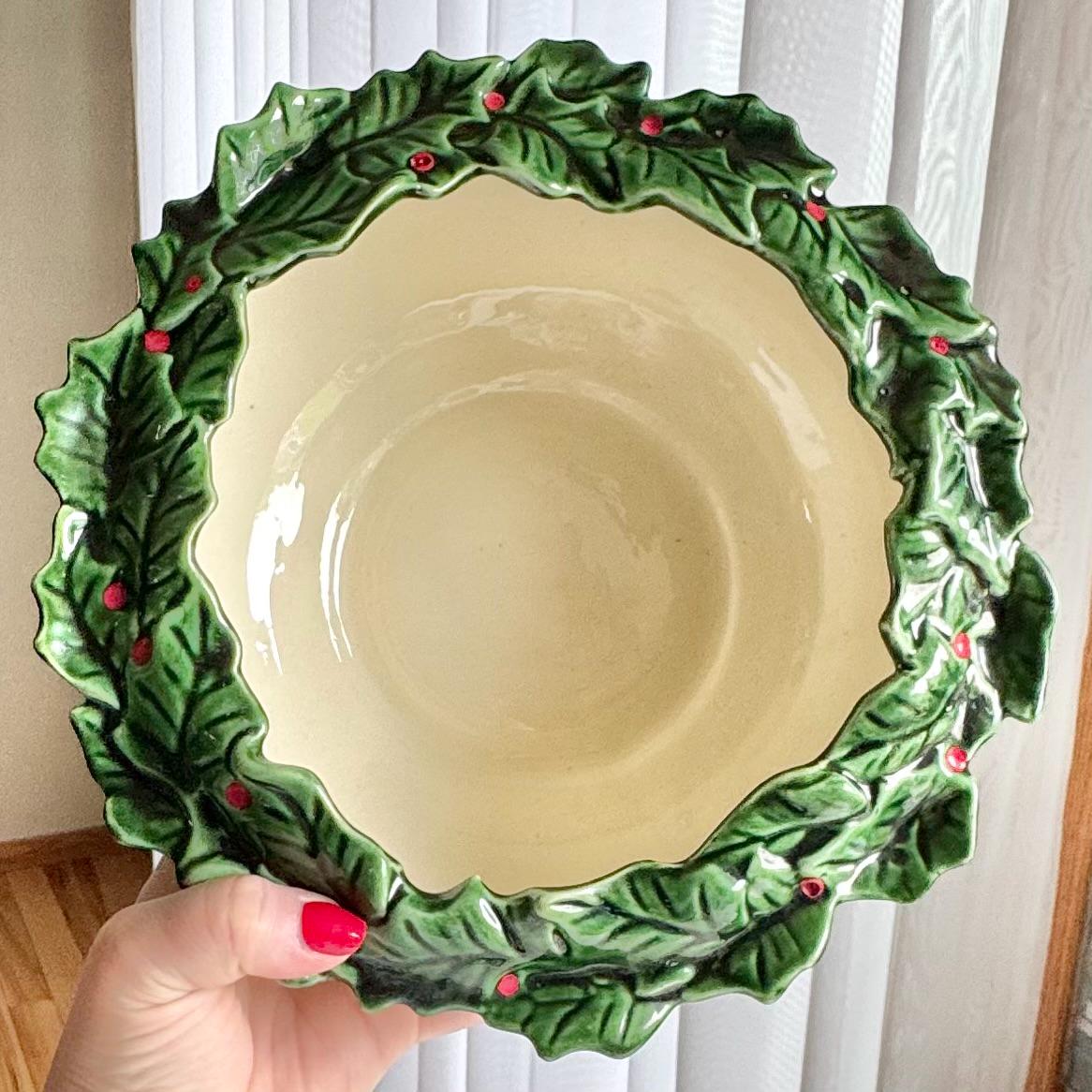 Vintage Atlantic Mold Hand Painted Holly Berry Rimmed Bowl and Ladle