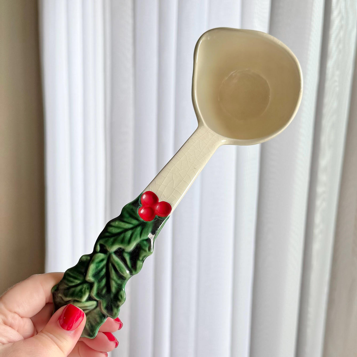 Vintage Atlantic Mold Hand Painted Holly Berry Rimmed Bowl and Ladle