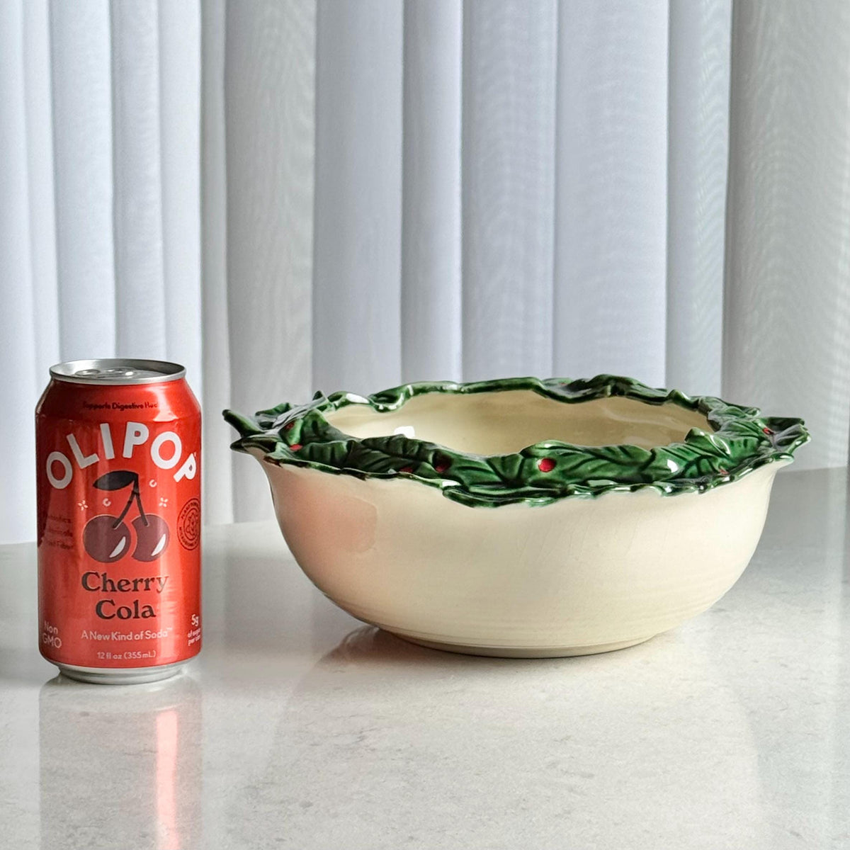 Vintage Atlantic Mold Hand Painted Holly Berry Rimmed Bowl and Ladle