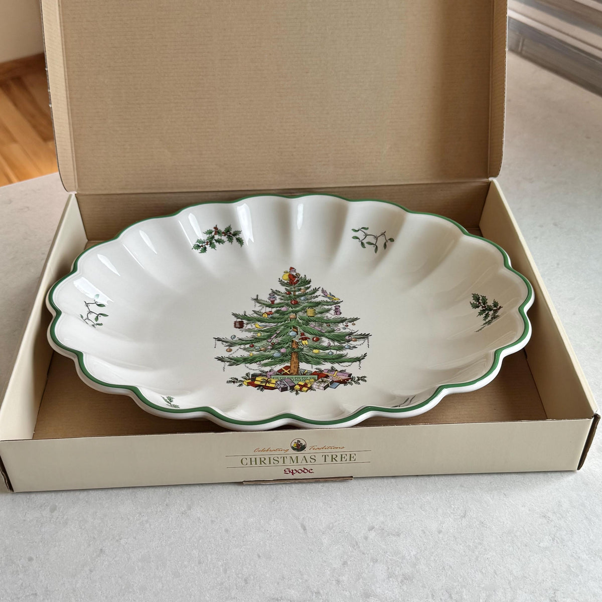 Vintage Spode Christmas Tree Large 15” Scalloped Oval Platter / Tray