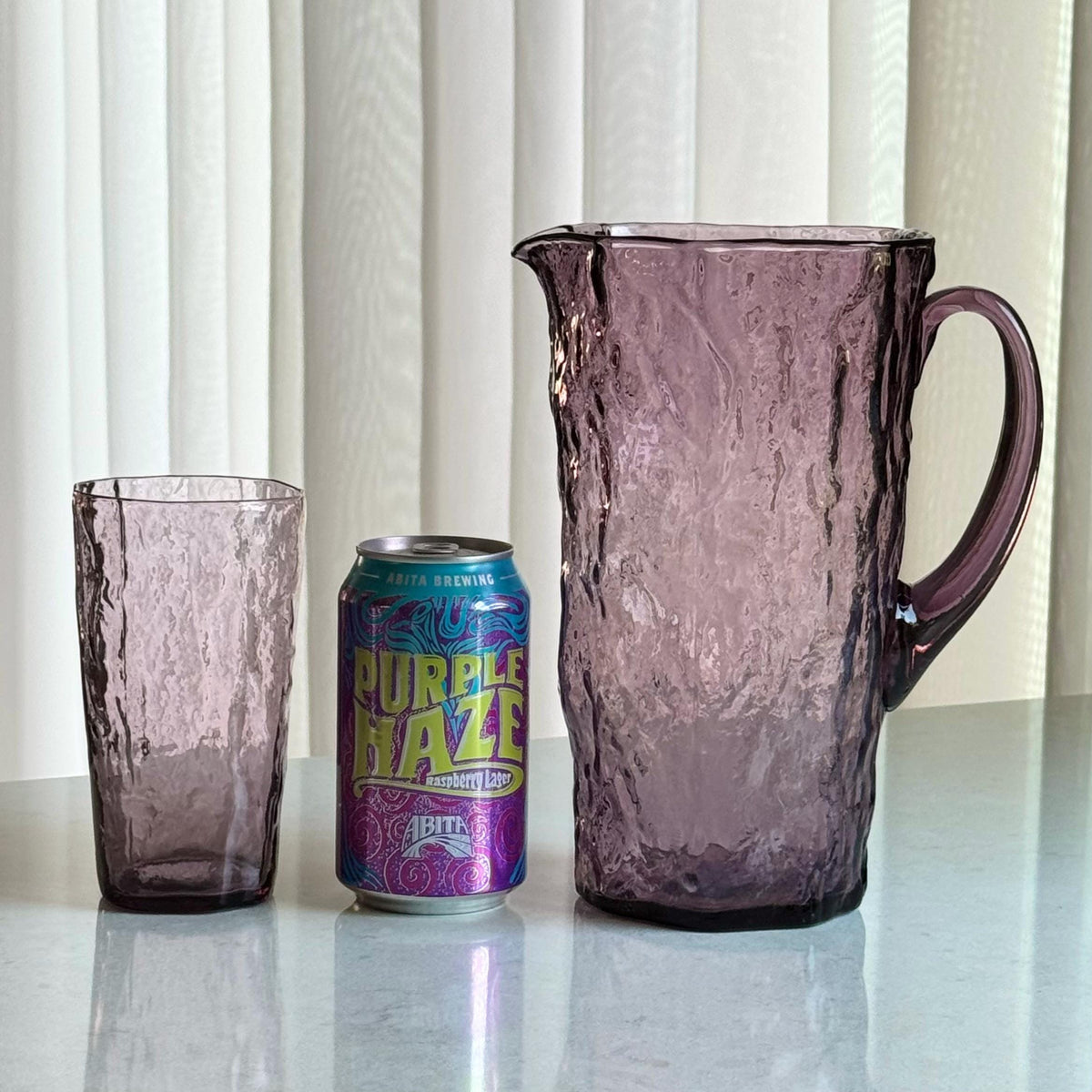 Vintage Morgantown Amethyst Purple Crinkle Pitcher and Six (6) Glasses