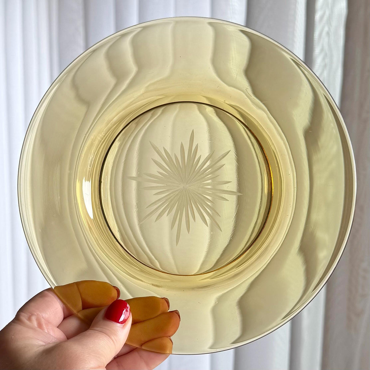 Vintage Amber Atomic Star Etched Plates - Set of 6