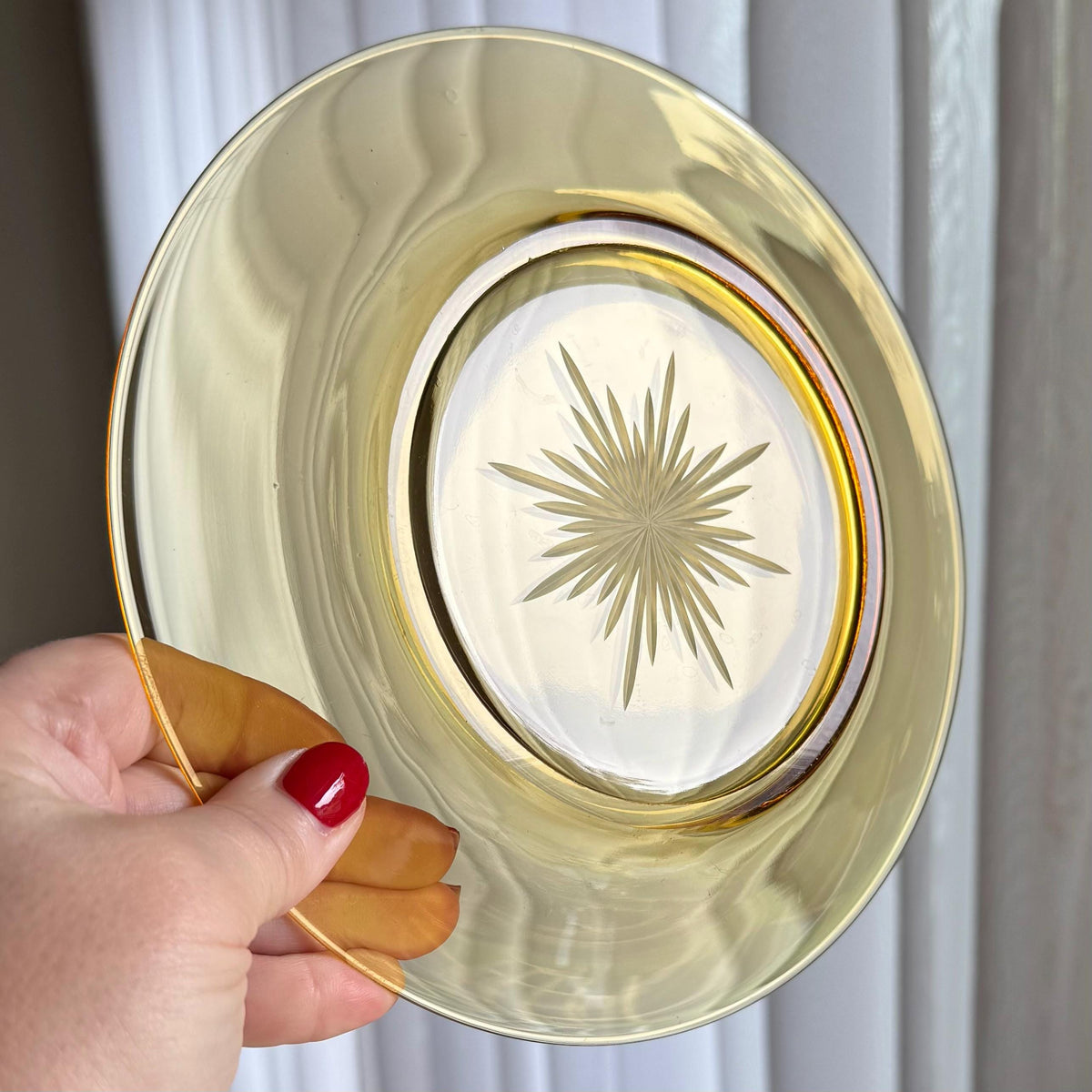 Vintage Amber Atomic Star Etched Plates - Set of 6