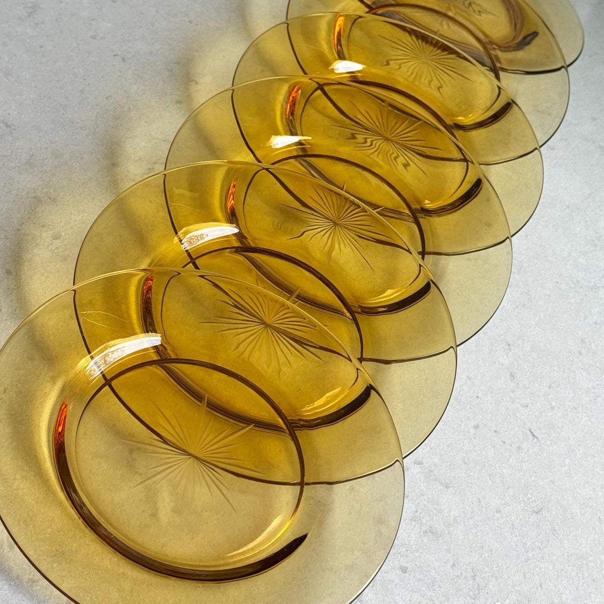 Vintage Amber Atomic Star Etched Plates - Set of 6