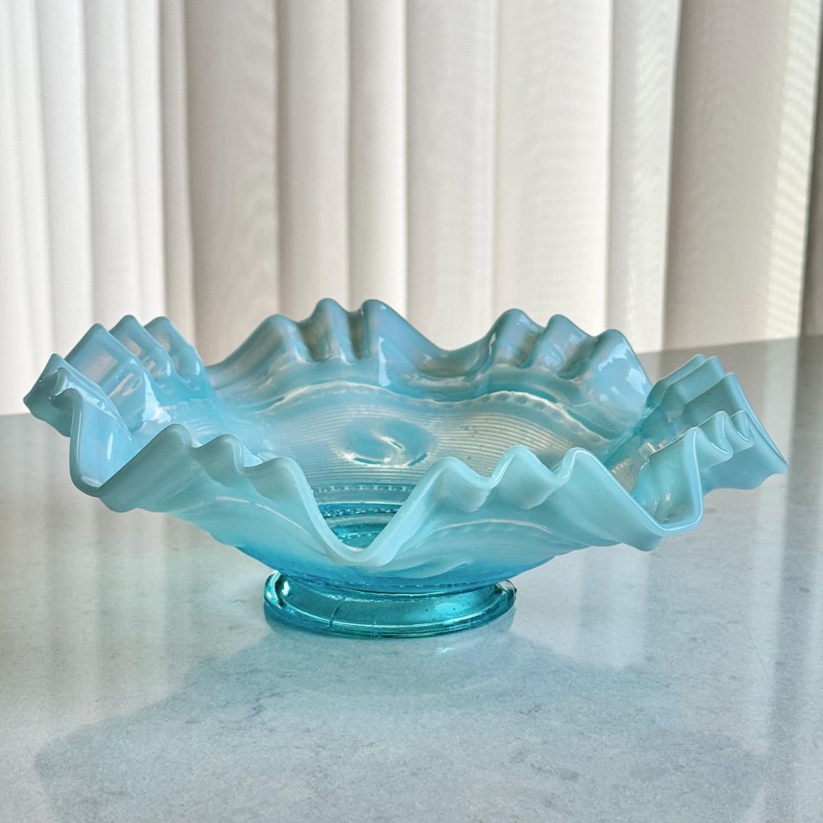 Antique Jefferson Glass Astro Blue Opalescent Ruffled Bowl (circa 1904 - 1906)