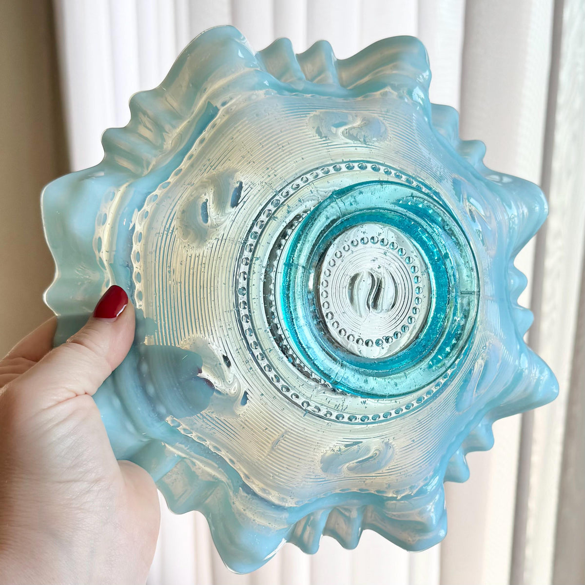 Antique Jefferson Glass Astro Blue Opalescent Ruffled Bowl (circa 1904 - 1906)