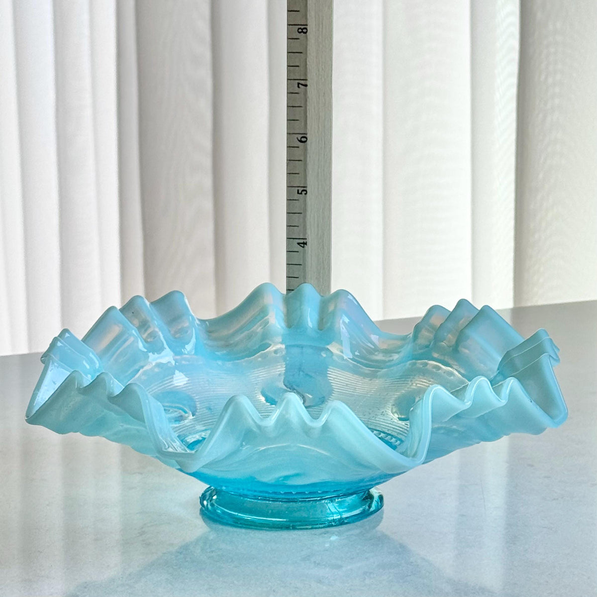 Antique Jefferson Glass Astro Blue Opalescent Ruffled Bowl (circa 1904 - 1906)