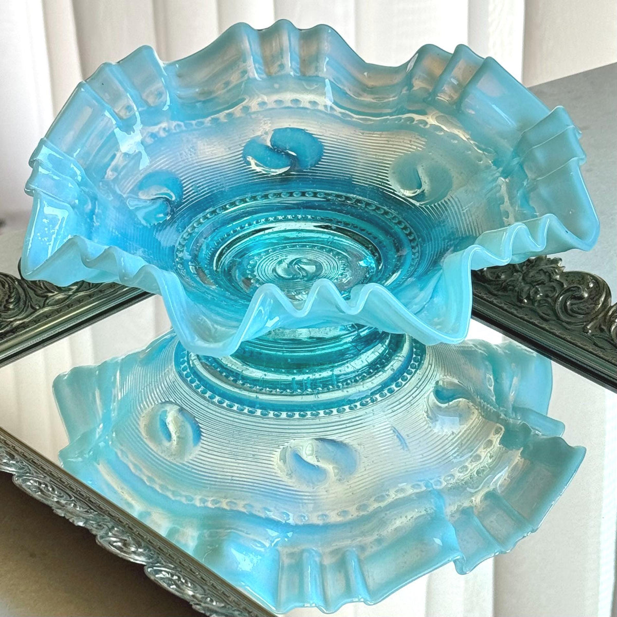 Antique Jefferson Glass Astro Blue Opalescent Ruffled Bowl (circa 1904 - 1906)