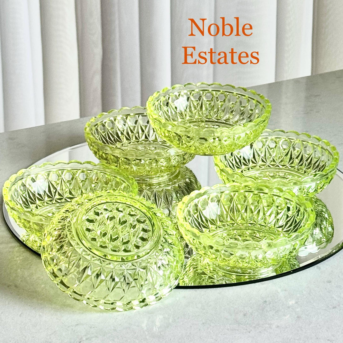 Antique Central Vaseline Glass Pressed Block and Diamond Zephyr Bowls (circa 1885 - 1891) - Set of 6
