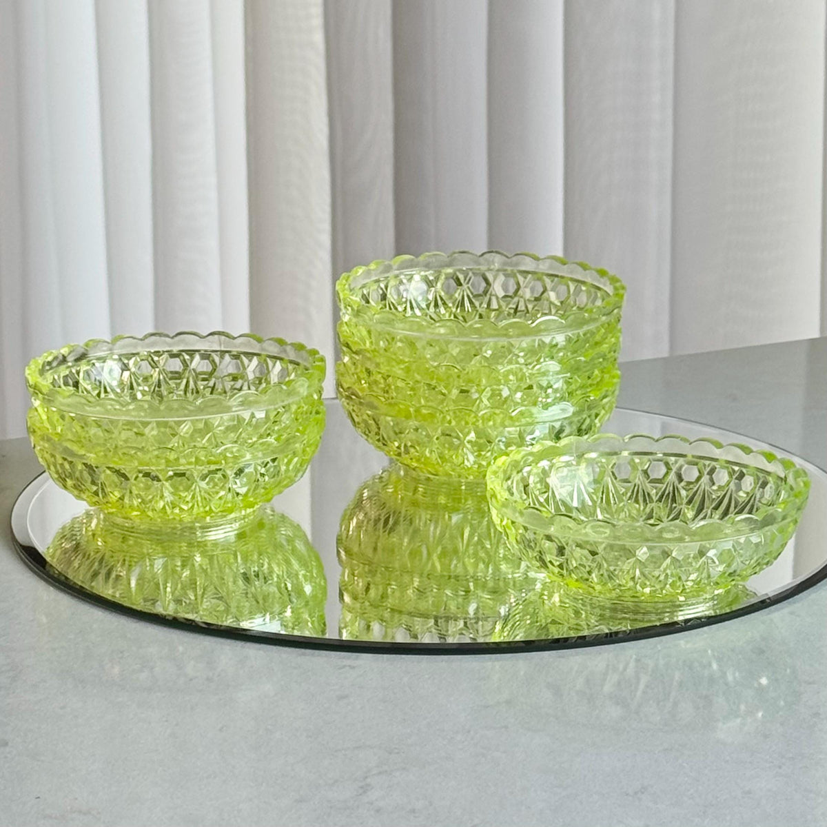Antique Central Vaseline Glass Pressed Block and Diamond Zephyr Bowls (circa 1885 - 1891) - Set of 6