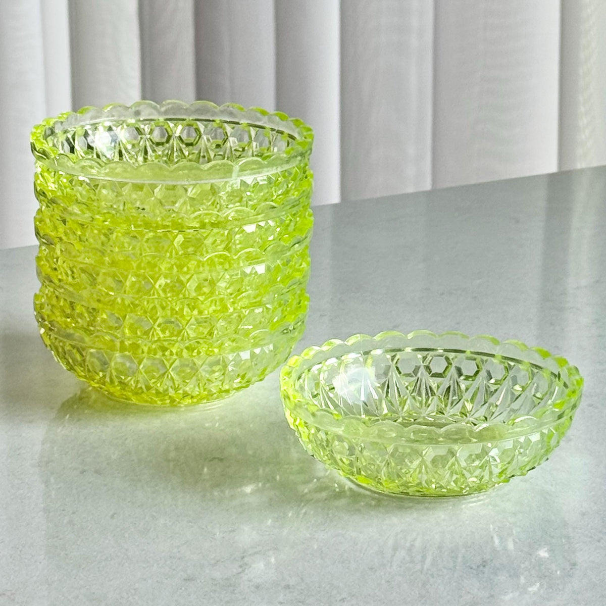 Antique Central Vaseline Glass Pressed Block and Diamond Zephyr Bowls (circa 1885 - 1891) - Set of 6