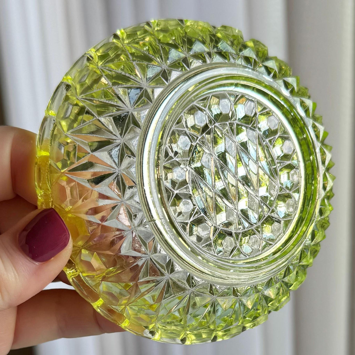 Antique Central Vaseline Glass Pressed Block and Diamond Zephyr Bowls (circa 1885 - 1891) - Set of 6