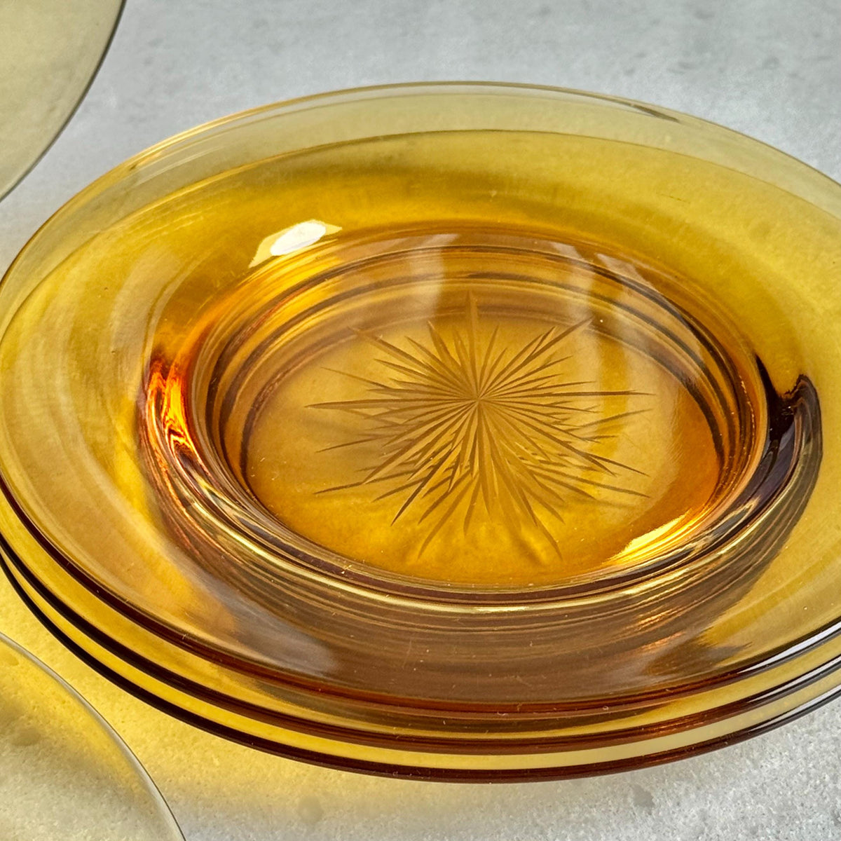 Vintage Amber Atomic Star Etched Plates - Set of 6
