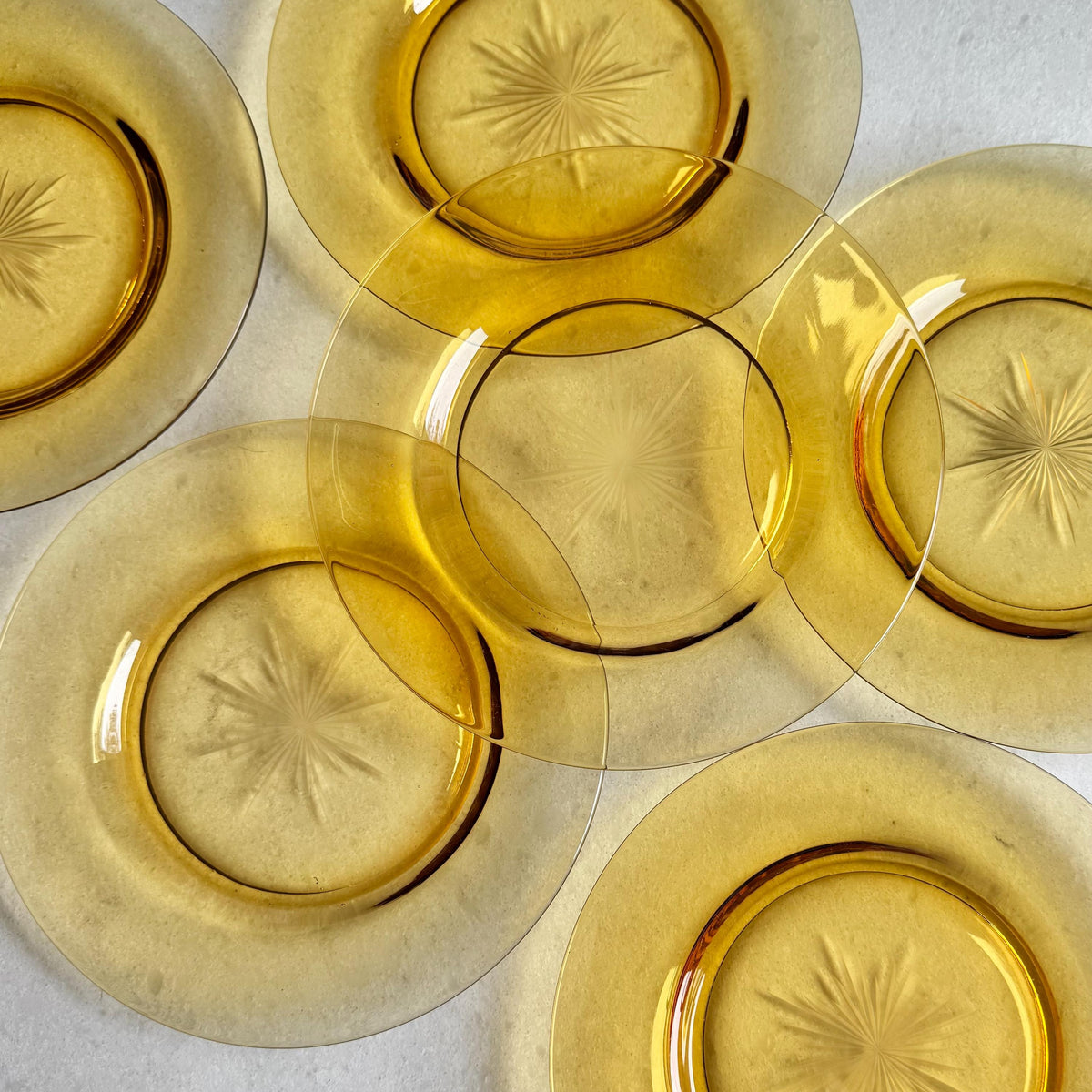 Vintage Amber Atomic Star Etched Plates - Set of 6