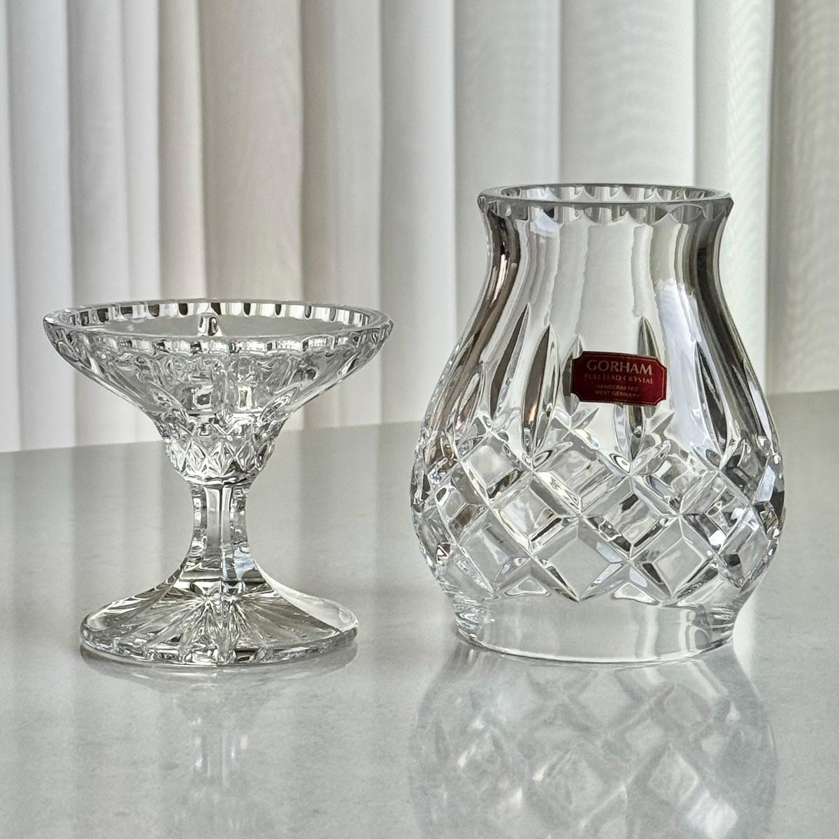 Vintage Gorham Crystal King Edward Fairy Light / Courting Lamp / Hurricane Candle Holder (circa 1982 - 1999) - Set of 2