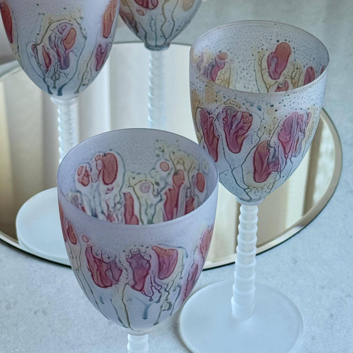Vintage Satin Frosted Stacked Stem Hand Painted Glasses - Set of 4