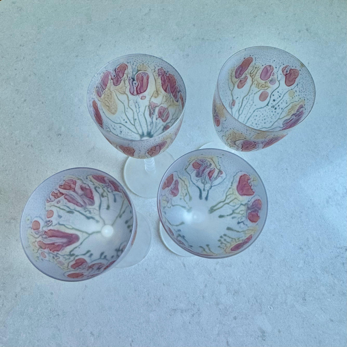 Vintage Satin Frosted Stacked Stem Hand Painted Glasses - Set of 4