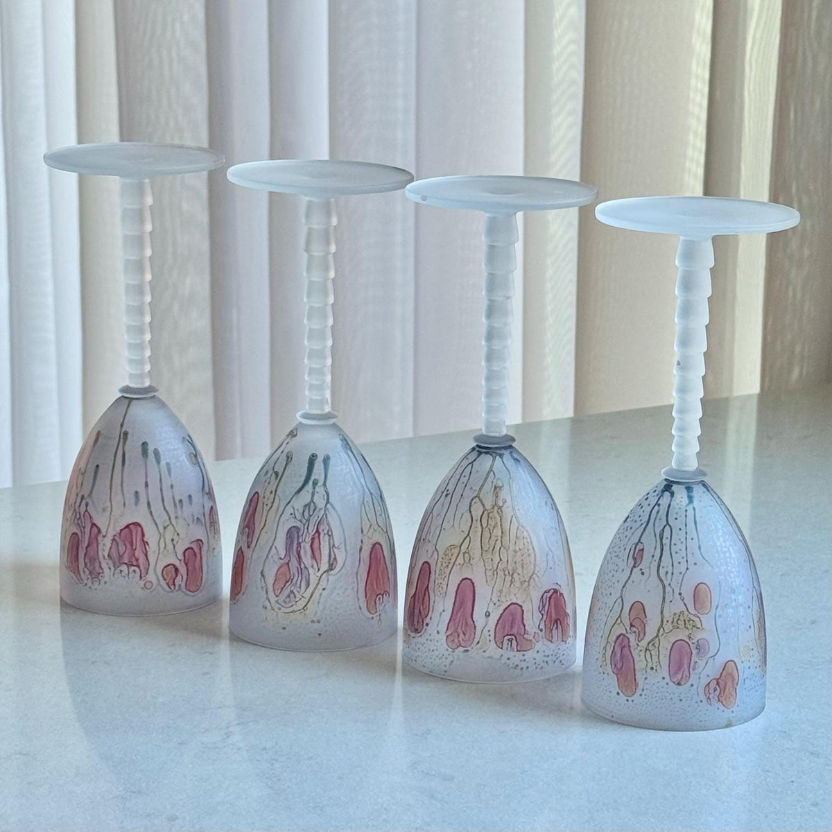 Vintage Satin Frosted Stacked Stem Hand Painted Glasses - Set of 4