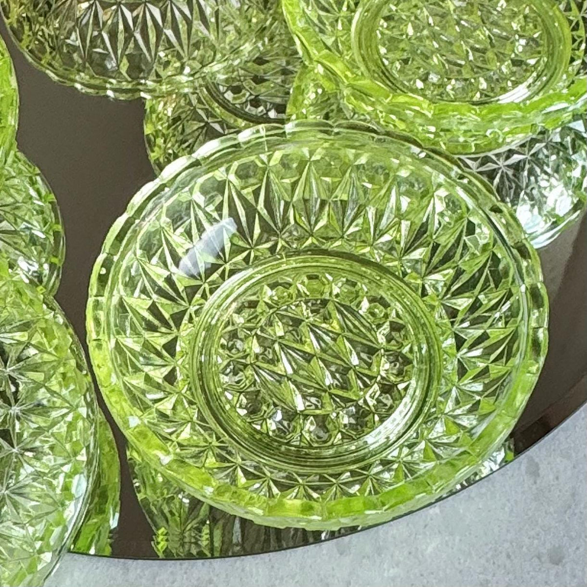 Antique Central Vaseline Glass Pressed Block and Diamond Zephyr Bowls (circa 1885 - 1891) - Set of 6