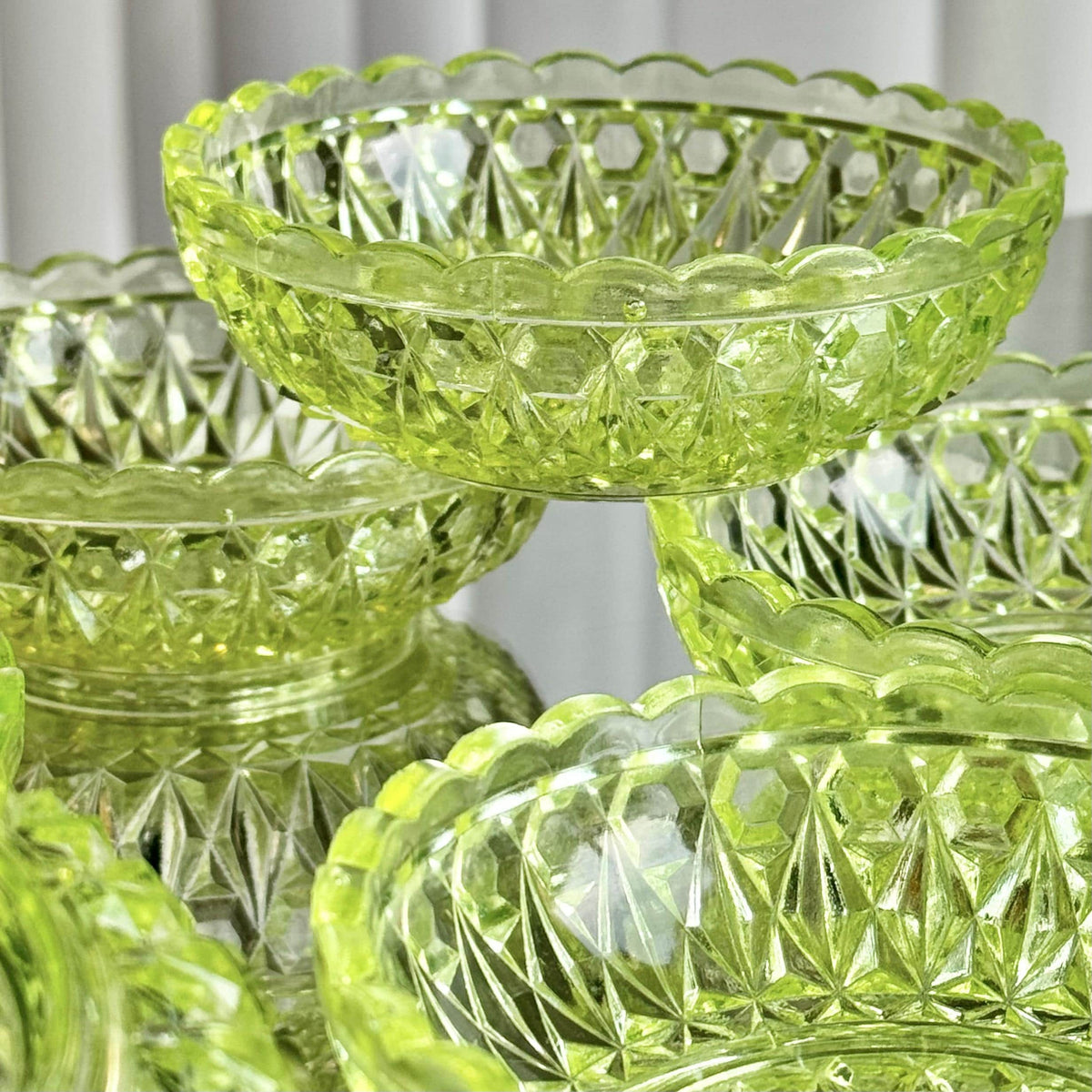 Antique Central Vaseline Glass Pressed Block and Diamond Zephyr Bowls (circa 1885 - 1891) - Set of 6