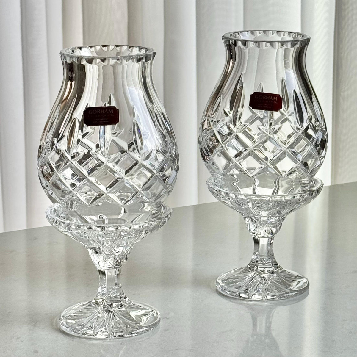 Vintage Gorham Crystal King Edward Fairy Light / Courting Lamp / Hurricane Candle Holder (circa 1982 - 1999) - Set of 2