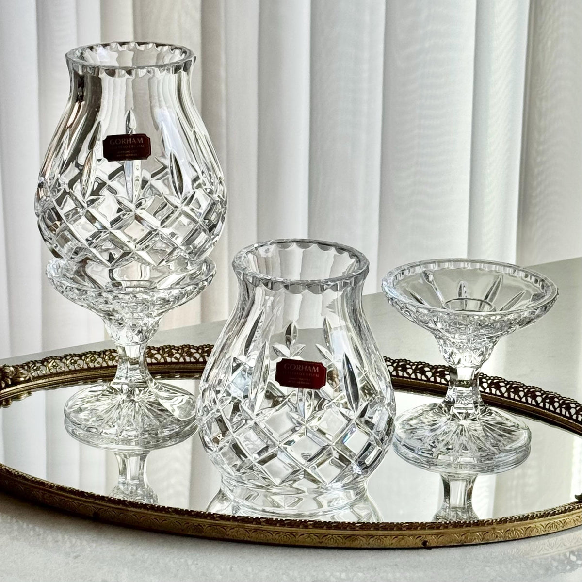 Vintage Gorham Crystal King Edward Fairy Light / Courting Lamp / Hurricane Candle Holder (circa 1982 - 1999) - Set of 2