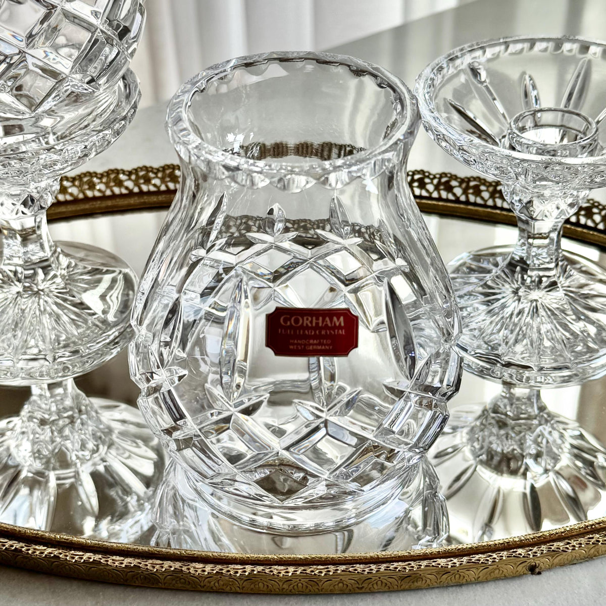 Vintage Gorham Crystal King Edward Fairy Light / Courting Lamp / Hurricane Candle Holder (circa 1982 - 1999) - Set of 2
