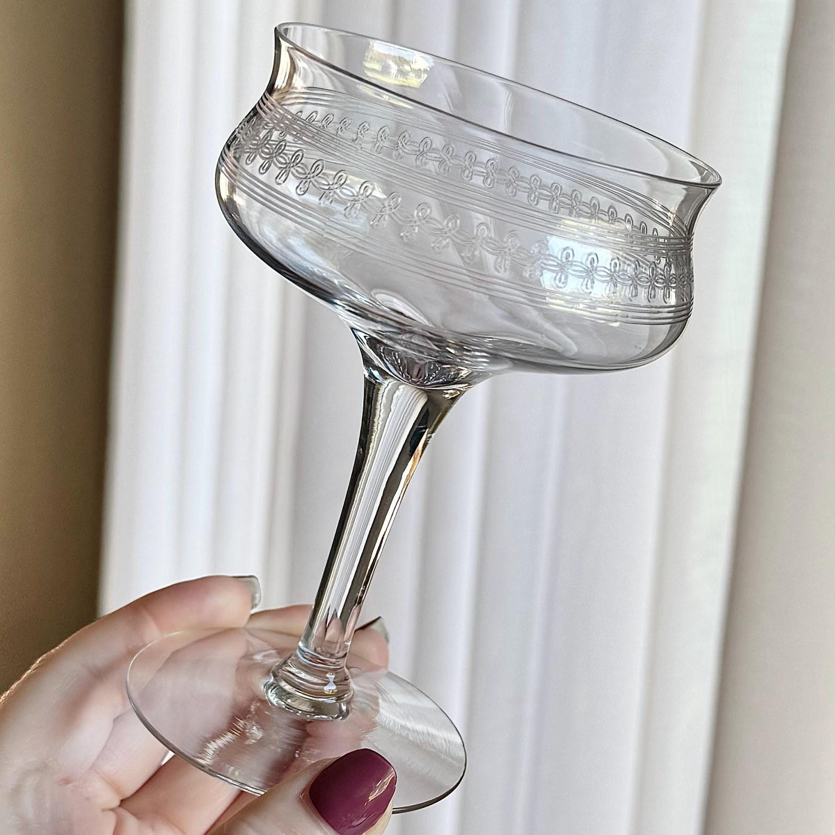 Vintage Tiffin Franciscan Needle Etched Champagne Coupes / Cocktail Glasses - Set of 6