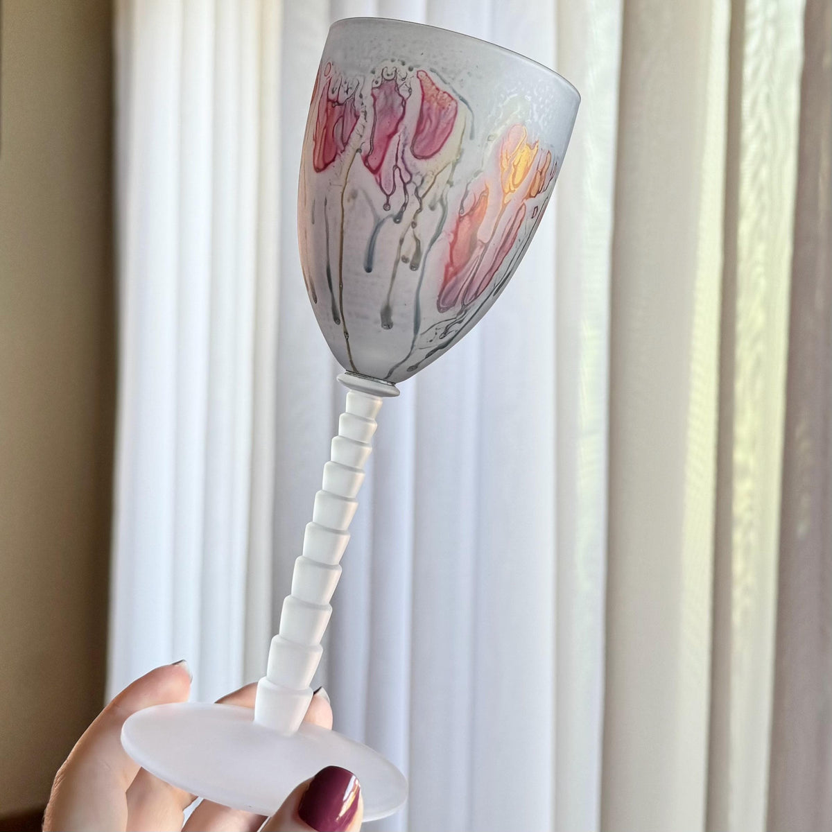 Vintage Satin Frosted Stacked Stem Hand Painted Glasses - Set of 4