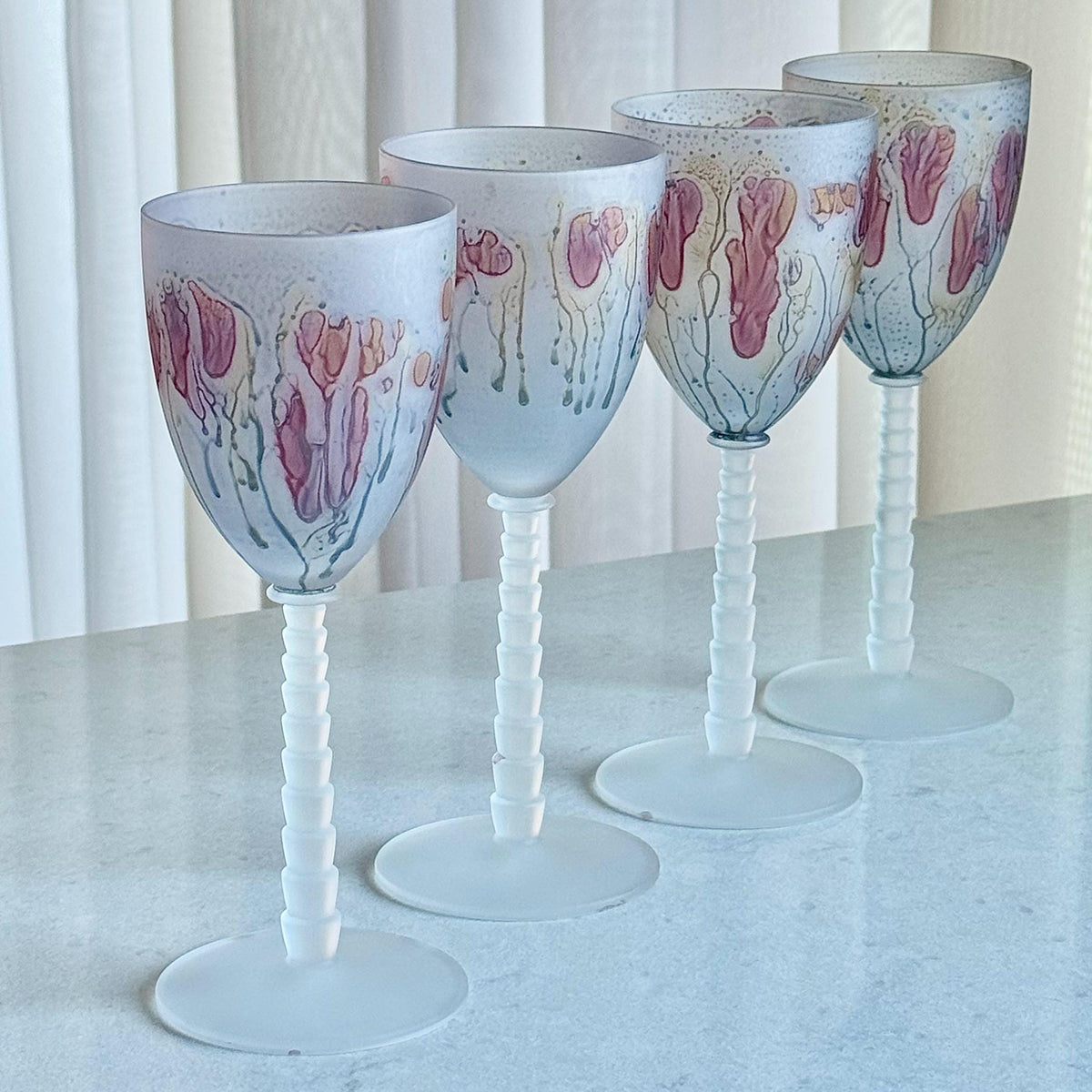 Vintage Satin Frosted Stacked Stem Hand Painted Glasses - Set of 4