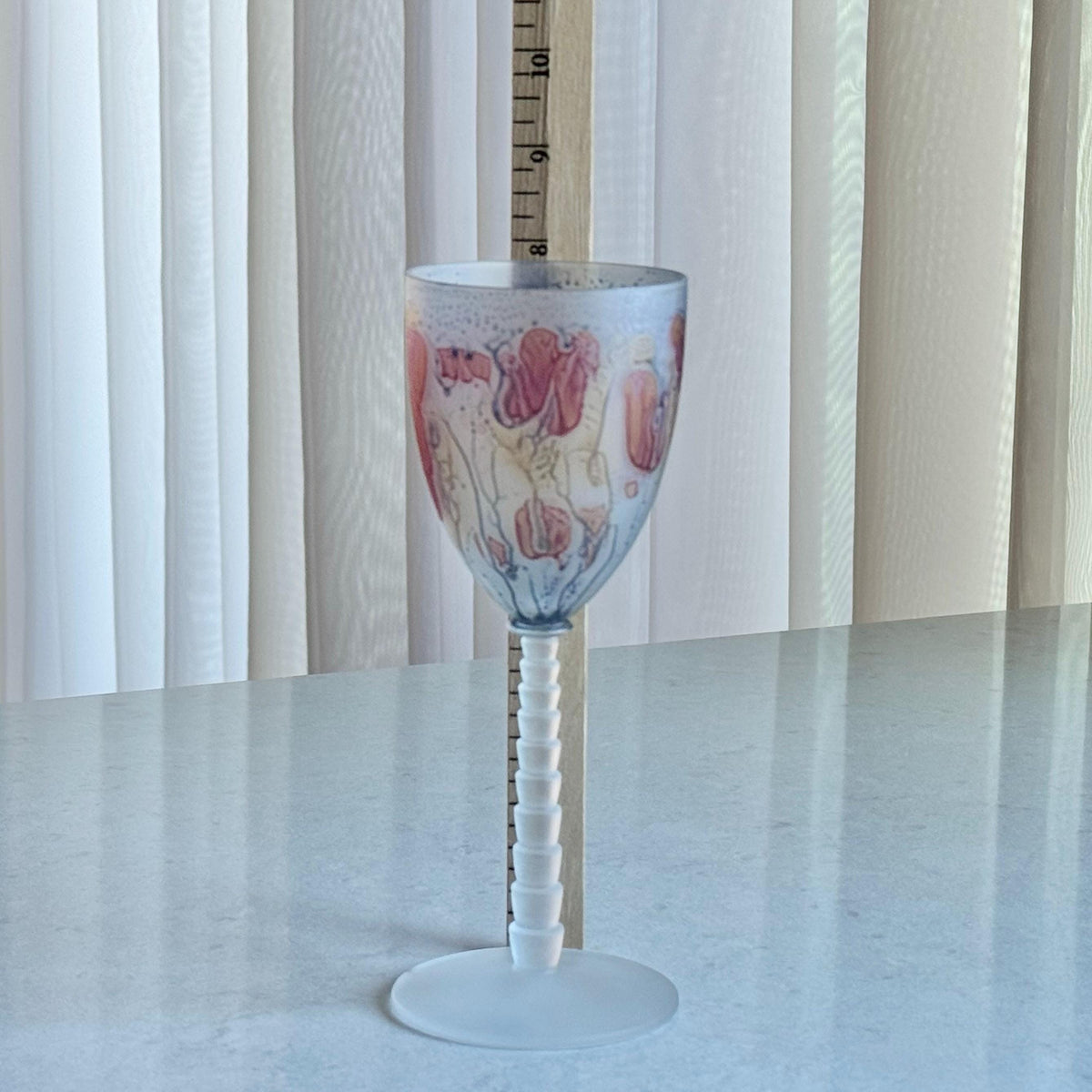 Vintage Satin Frosted Stacked Stem Hand Painted Glasses - Set of 4