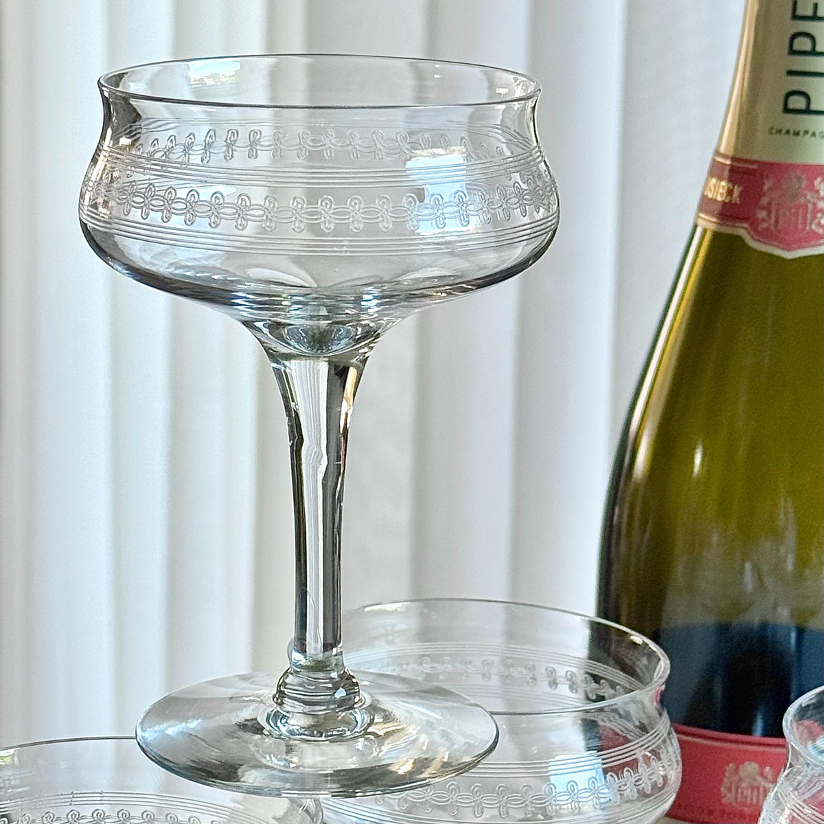 Vintage Tiffin Franciscan Needle Etched Champagne Coupes / Cocktail Glasses - Set of 6